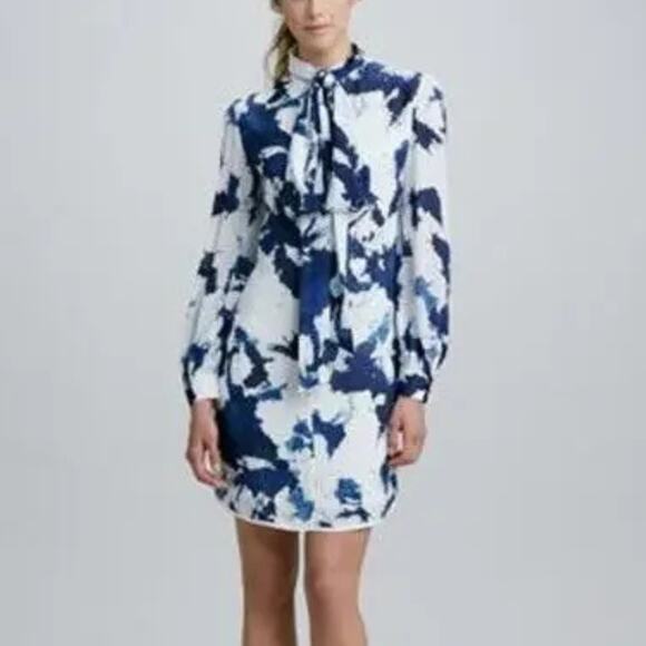 Troubadour Neiman Marcus Jabow Blue Inkblot Print Long Sleeve Silk Shift Dress - Picture 1 of 15